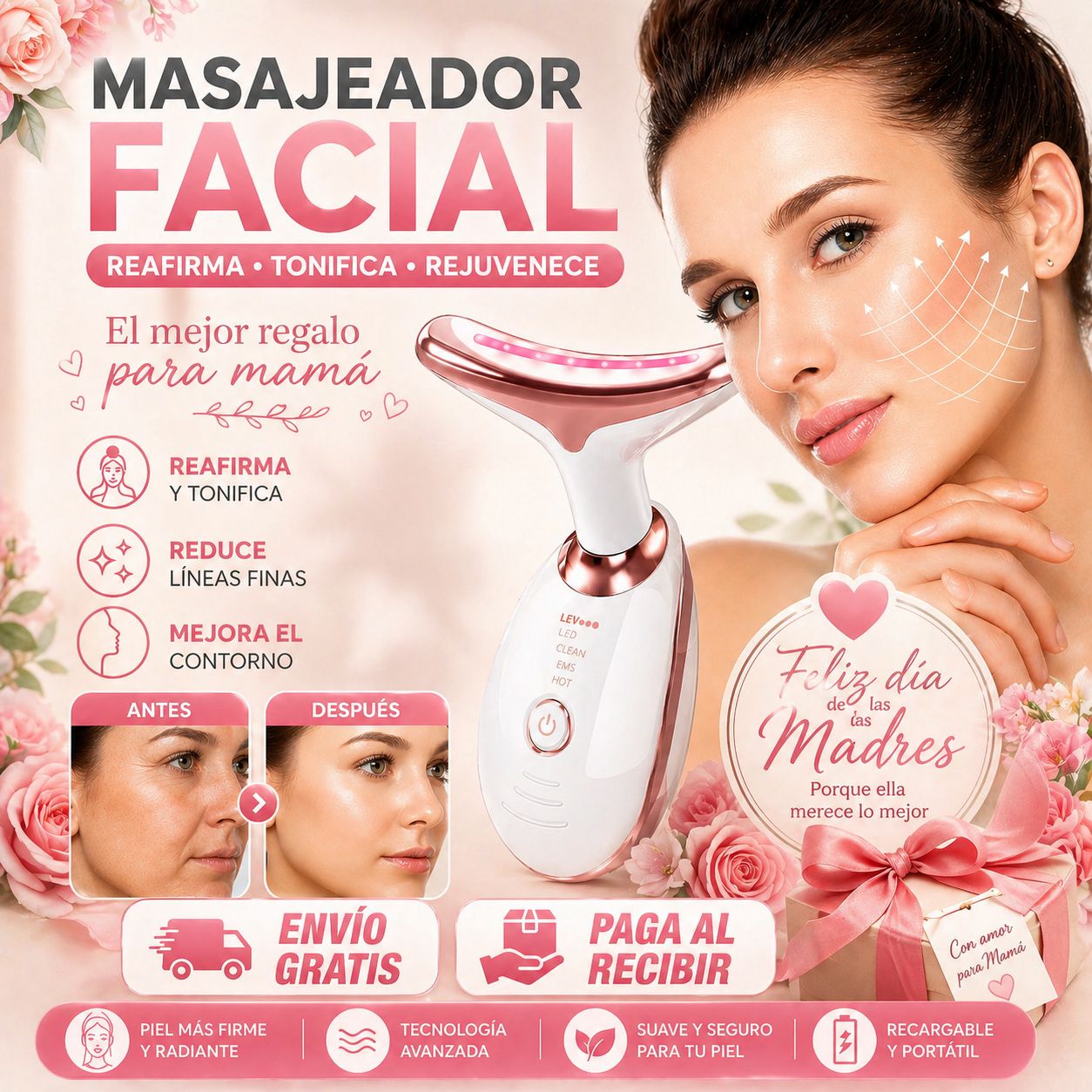 Masajeador Facial LED con Vibración💆‍♀️ - Piel Firme y Radiante sin Cirugía✨